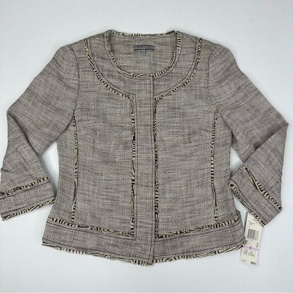 Anne Klein Women's NWT Tan Linen Tweed Silk Animal Print Trim Jacket 6/C36 - Picture 8 of 15